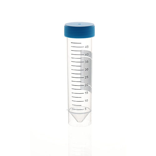 Probówka PP 50ml (30x115mm) stożkowodenna skalowana, stojąca z polem do opisu z niebieską nakrętką (50szt)