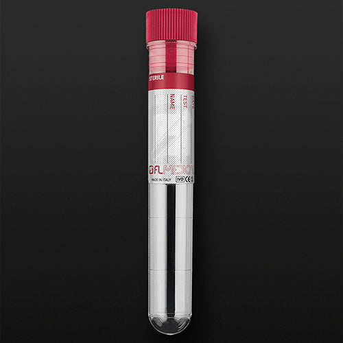 Probówka PS 10ml (16x100mm) okrągłodenna, z obrzeżem, ze znacznikami, z czerwonym korkiem i etykietą, jałowa (200szt)