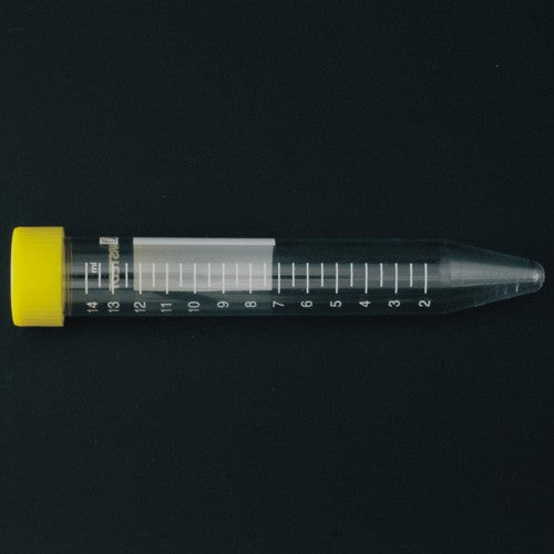 Probówka PS 15ml (17x120mm) stożkowodenna, skalowana, z żółtą nakrętką z polem do opisu, jałowa, niepirogenna (50szt)
