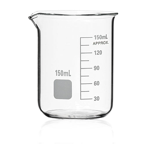 Zlewka szklana niska HEAVY DUTY z wylewem 150 ml z nadrukiem ze szkła boroslilikatowego