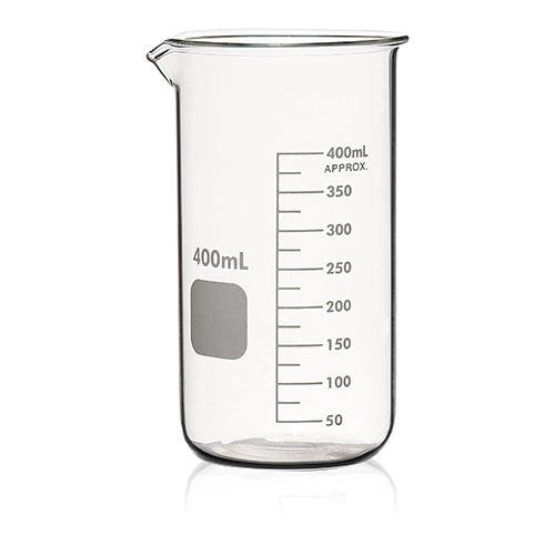 Zlewka szklana niska HEAVY DUTY z wylewem 400 ml z nadrukiem ze szkła boroslilikatowego