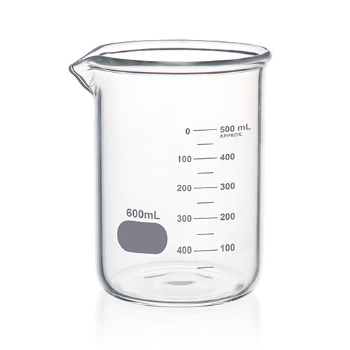 Zlewka szklana niska HEAVY DUTY z wylewem 600 ml z nadrukiem ze szkła boroslilikatowego