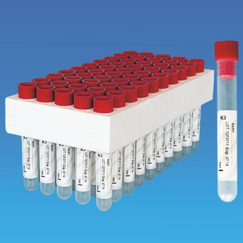Probówki 5ml z EDTA-K3 napylonym na 1ml krwi z czerwonym korkiem z etykietą (50szt)