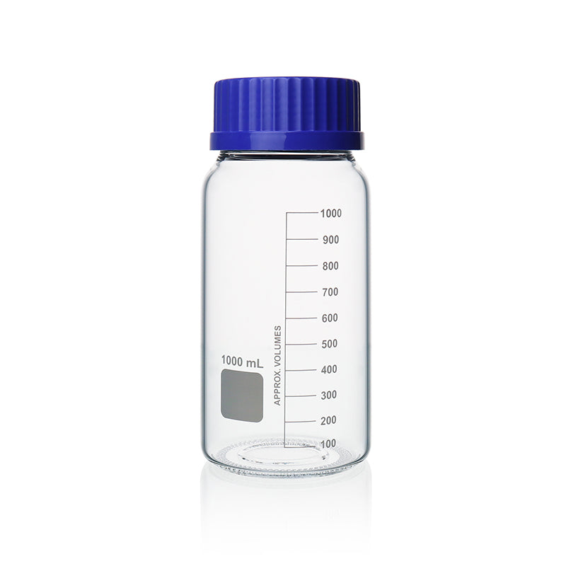 Butla z niebieską nakrętką GL80 1000ml do sterylizacji w temperaturze 121°C, ze szkła borosilikatowego, białego