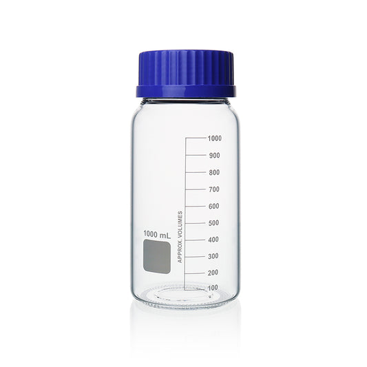 Butla z niebieską nakrętką GL80 250ml do sterylizacji w temperaturze 121°C, ze szkła borosilikatowego, białego