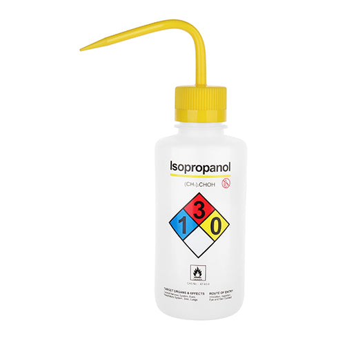 Tryskawka polietylenowa z szeroką szyją 500ml z napisem ISOPROPANOL z żółtą nakrętką