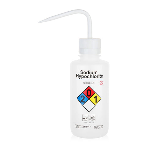 Tryskawka polietylenowa z szeroką szyją 500ml z napisem SODIUM HYPOCHLORITE z białą nakrętką