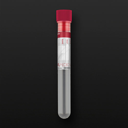 Probówka PP 5ml (12x86mm) okrągłodenna, z  obrzeżem, ze znacznikami, z czerwonym korkiem i etykietą - jałowa (200szt)