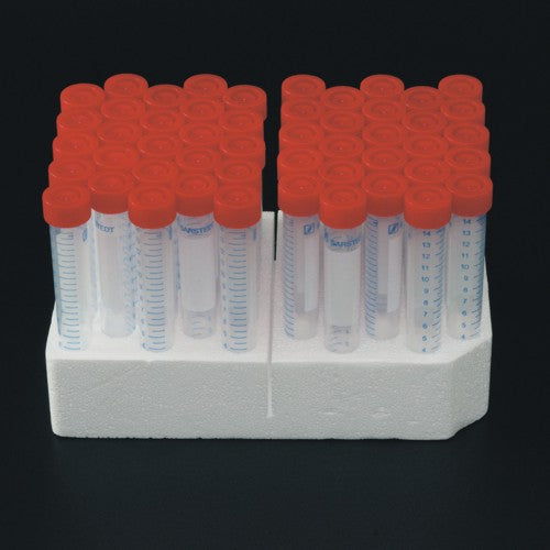 Probówka PP 15ml (17x120mm) stożkowodenna, skalowana, z czerwoną nakrętką z polem do opisu, jałowa, niepirogenna w statywie styrop. (50szt)