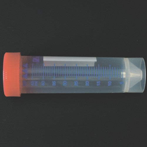 Probówka PP 50ml (28x115mm) stożkowodenna, skalowana, z czerwoną nakrętką z polem do opisu, stojąca, jałowa, niepirogenna (25szt)