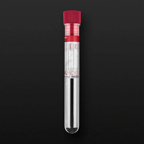 Probówka PS 5ml (12x86mm) okrągłodenna, z obrzeżem, ze znacznikami, z czerwonym korkiem i etykietą, jałowa (200szt)