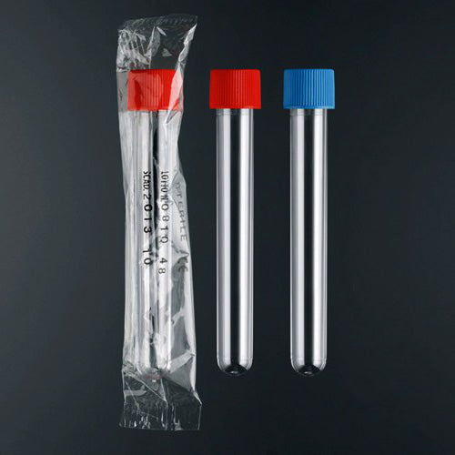 Probówka PS 10ml (16x100mm) okrągłodenna z czerwoną nakrętką, jałowa (100szt)