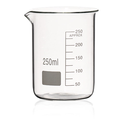 Zlewka szklana niska HEAVY DUTY z wylewem 250 ml z nadrukiem ze szkła boroslilikatowego