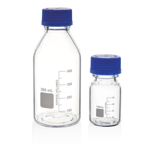 Butla z niebieską nakrętką GL45 100ml do sterylizacji w temperaturze 121°C, ze szkła borosilikatowego, białego